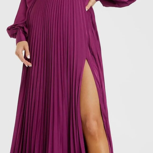 Purple Pleated High Neck Raglan Long Sleeve Side Slit Gown Womens Dress Leena - Picture 3 of 10